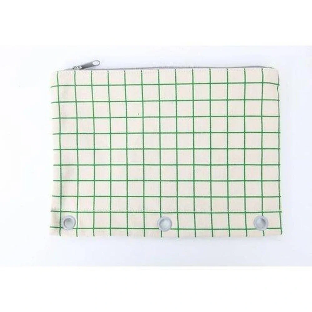 Grid Pattern Canvas Pencil Pouch With Zipper & Grommets For School Or Office Sup